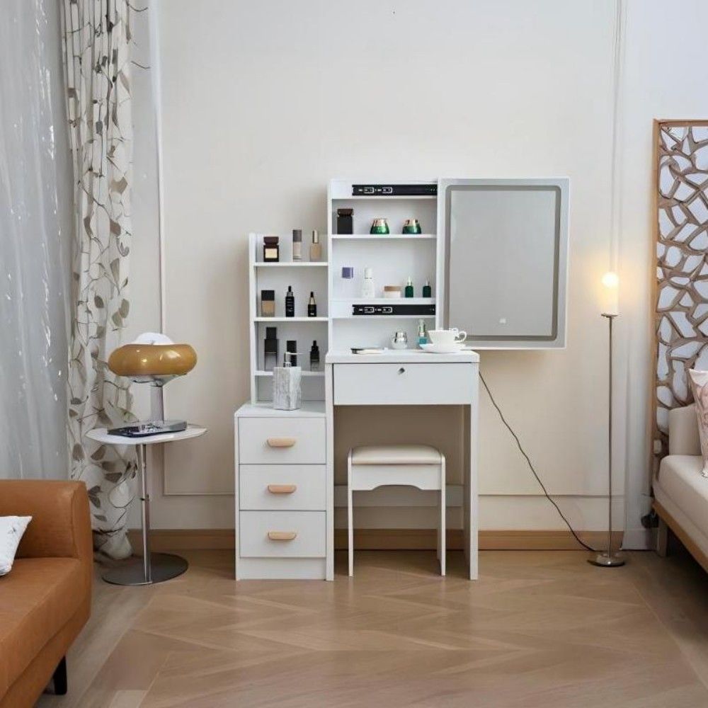 LED Makeup Vanity Set with Mirror & Stool, 4 Drawers