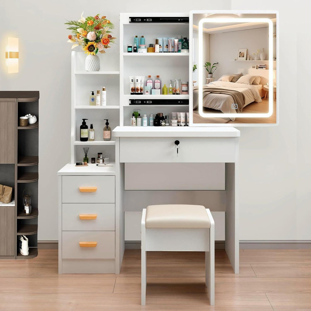 LED Makeup Vanity Set with Mirror & Stool, 4 Drawers