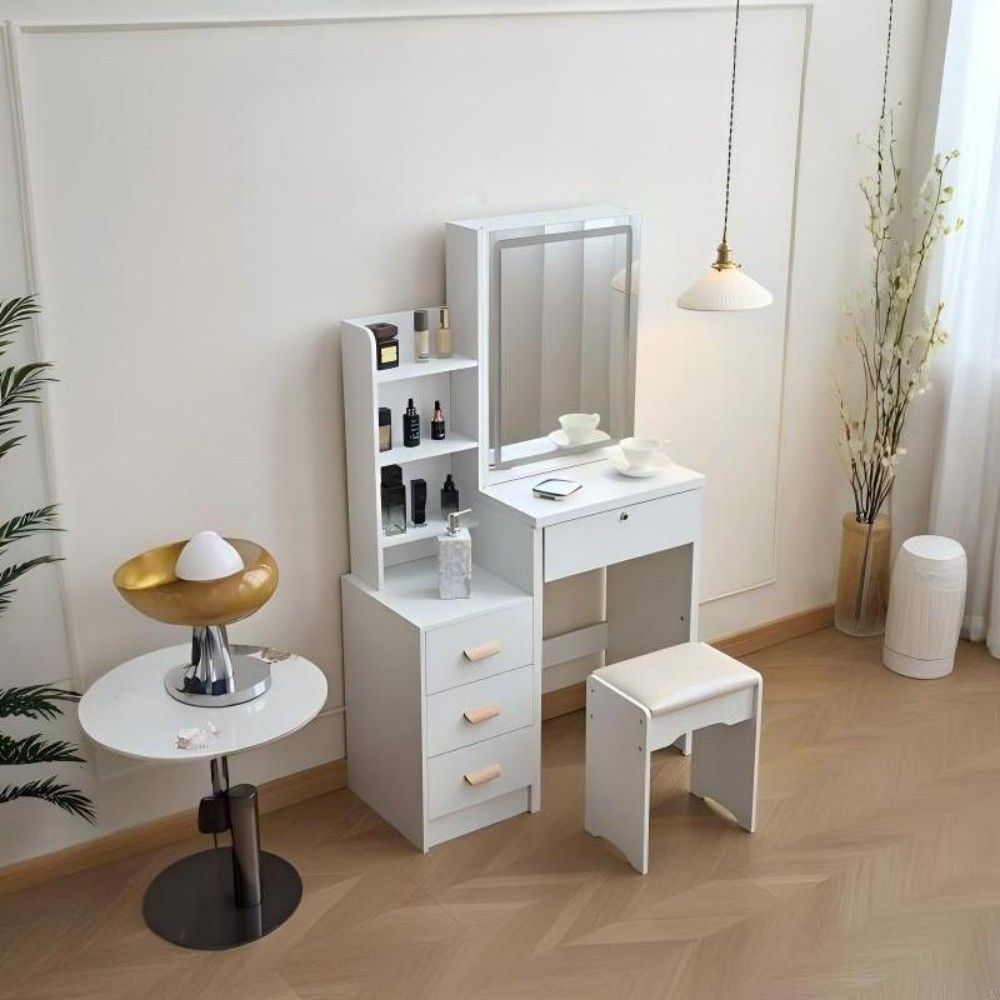 LED Makeup Vanity Set with Mirror & Stool, 4 Drawers