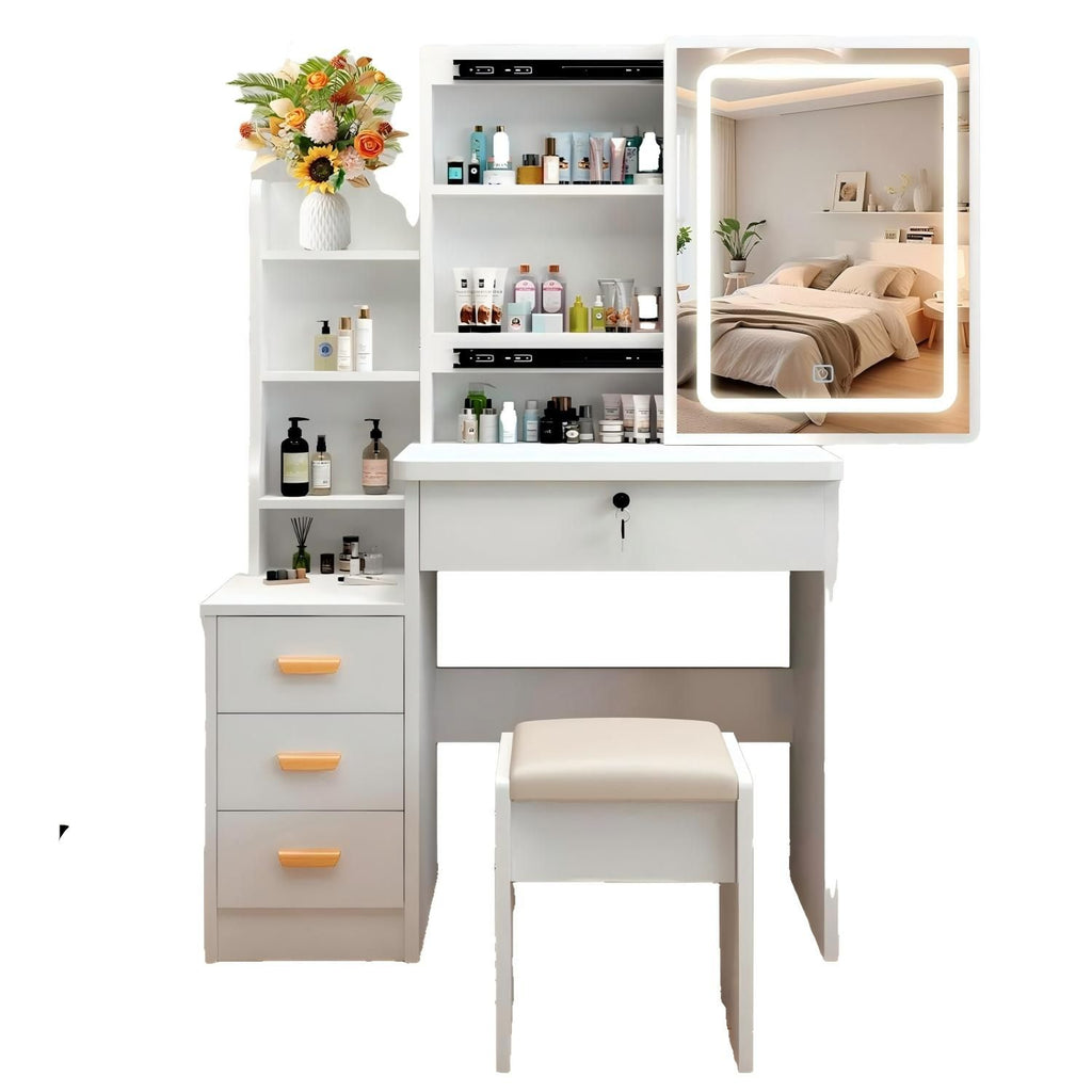 LED Makeup Vanity Set with Mirror & Stool, 4 Drawers