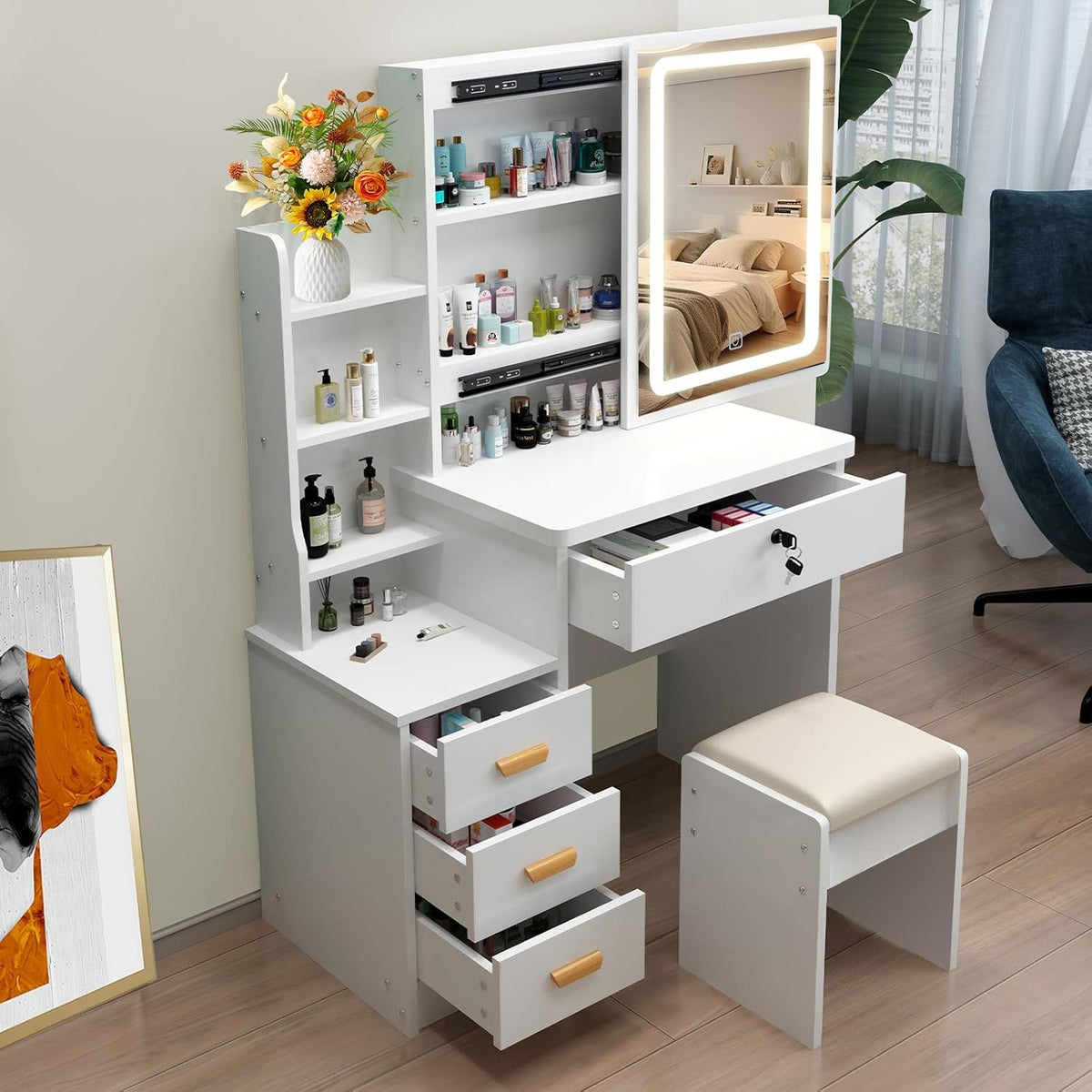 LED Makeup Vanity Set with Mirror & Stool, 4 Drawers