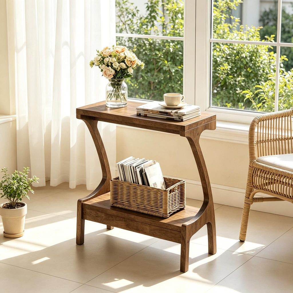 Narrow Wood End Table with 2-Tier Shelf