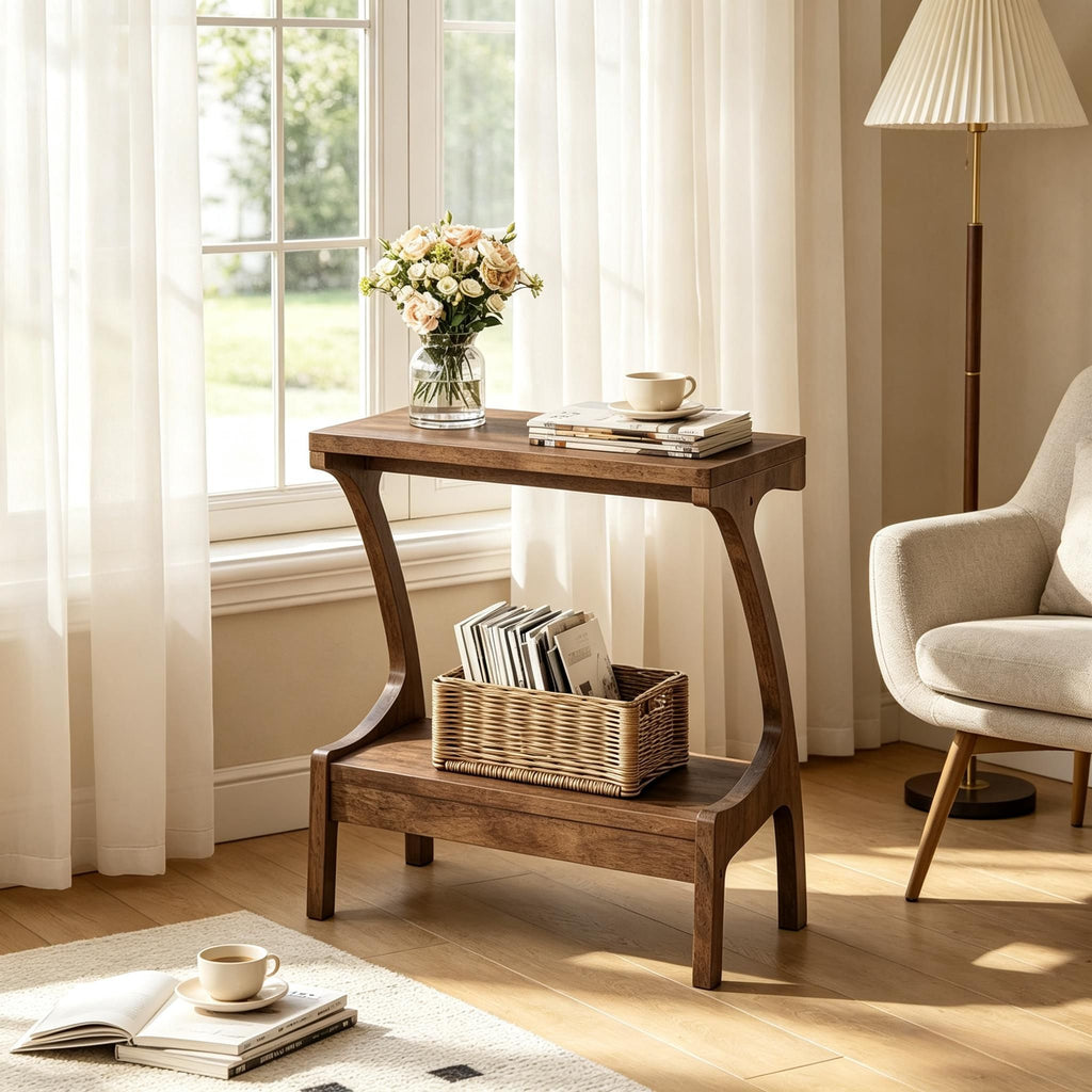 Narrow Wood End Table with 2-Tier Shelf