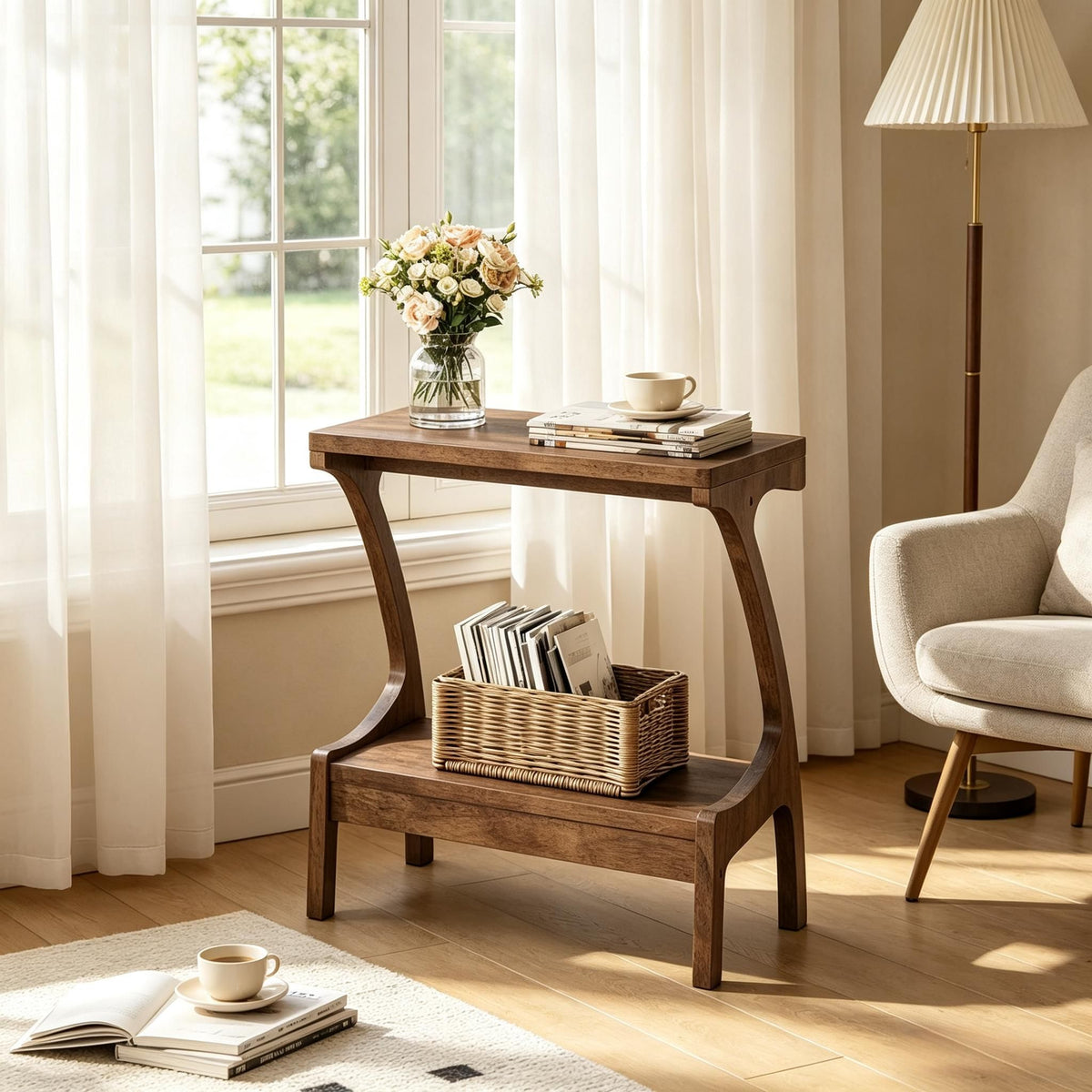 Narrow Wood End Table with 2-Tier Shelf
