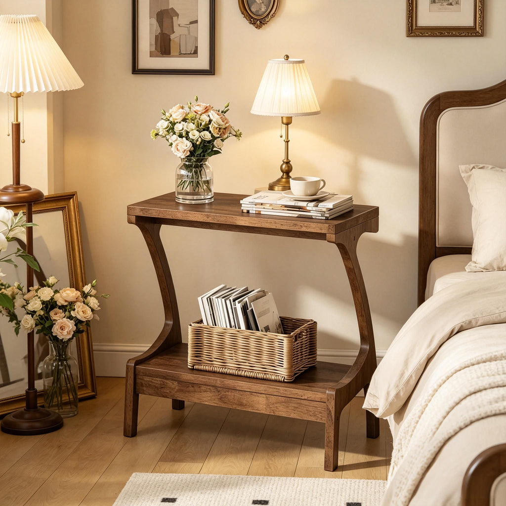 Narrow Wood End Table with 2-Tier Shelf