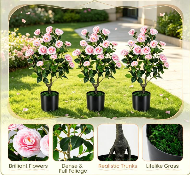 Artificial Camellia Tree in Cement Pot