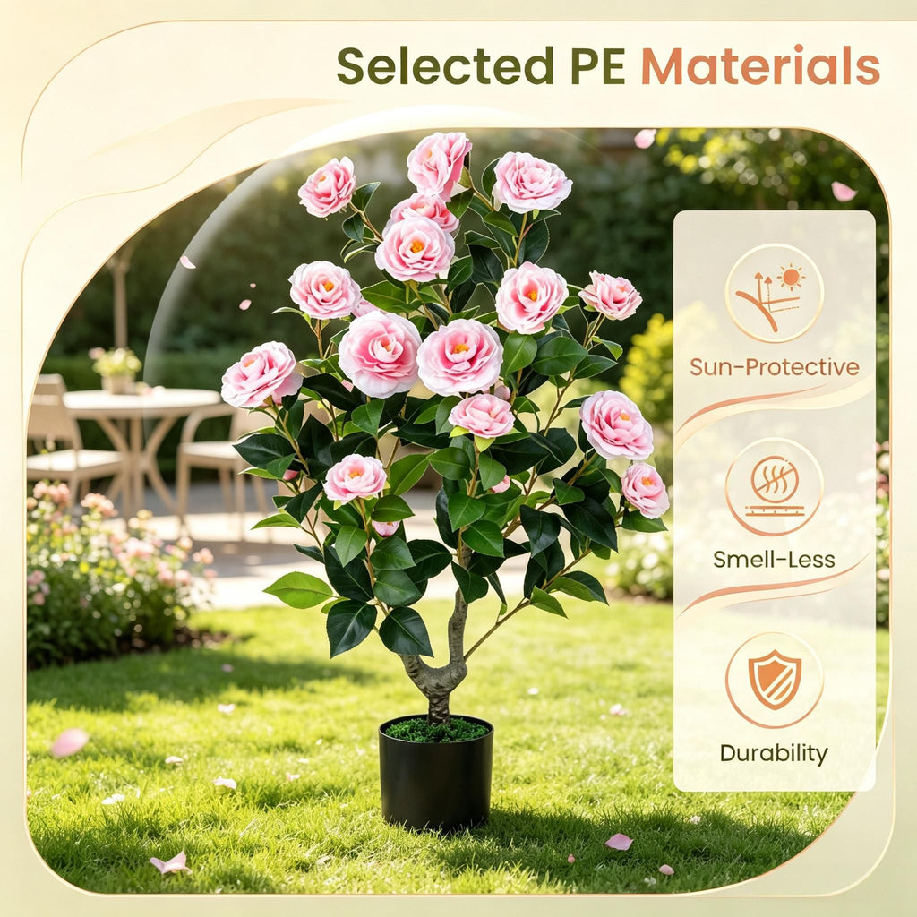 Artificial Camellia Tree in Cement Pot