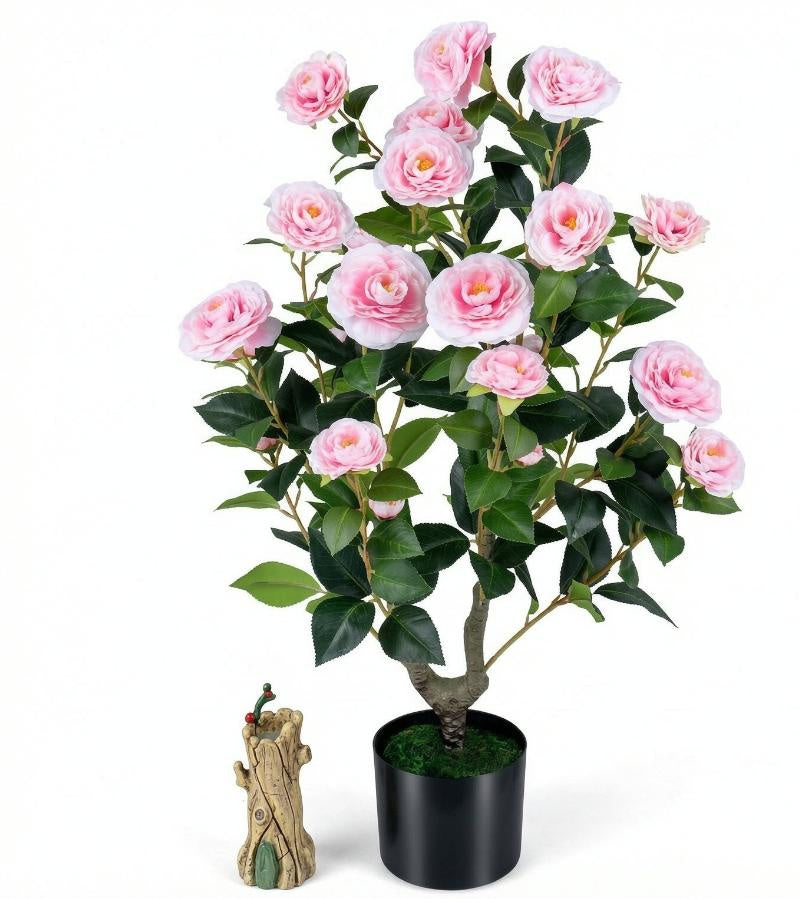 Artificial Camellia Tree in Cement Pot