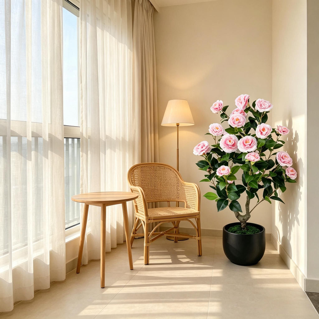 Artificial Camellia Tree in Cement Pot