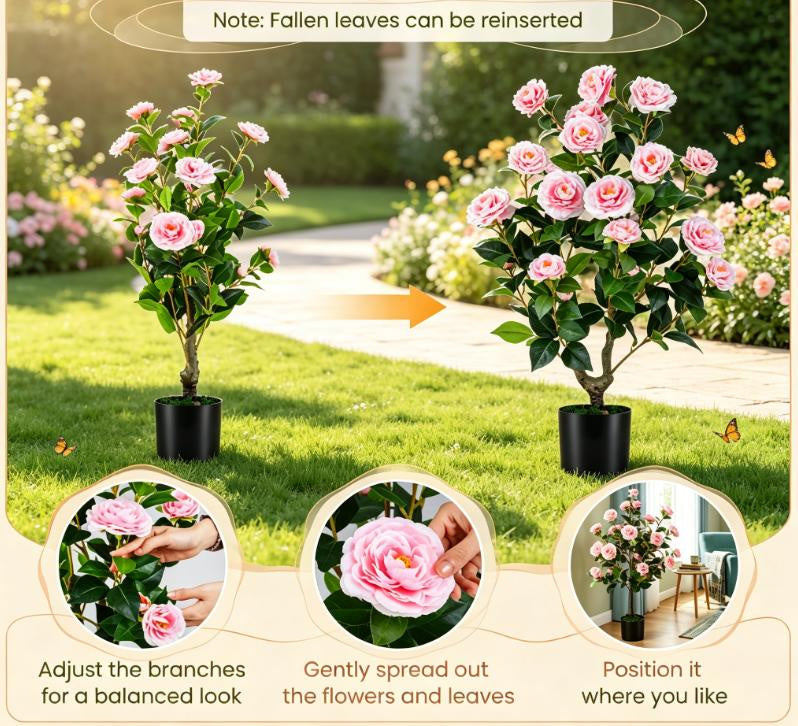 Artificial Camellia Tree in Cement Pot