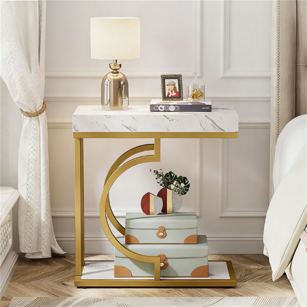 Narrow C-Shaped End Table with Metal Frame