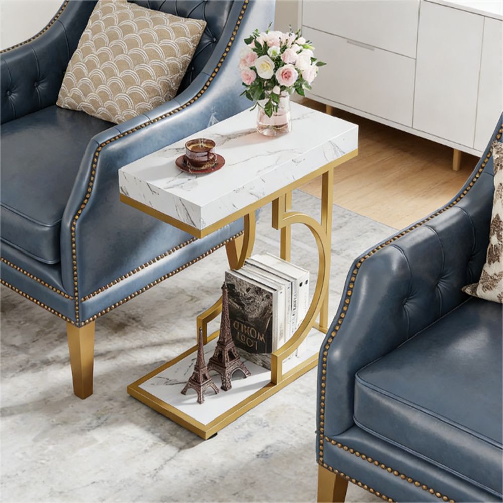 Narrow C-Shaped End Table with Metal Frame