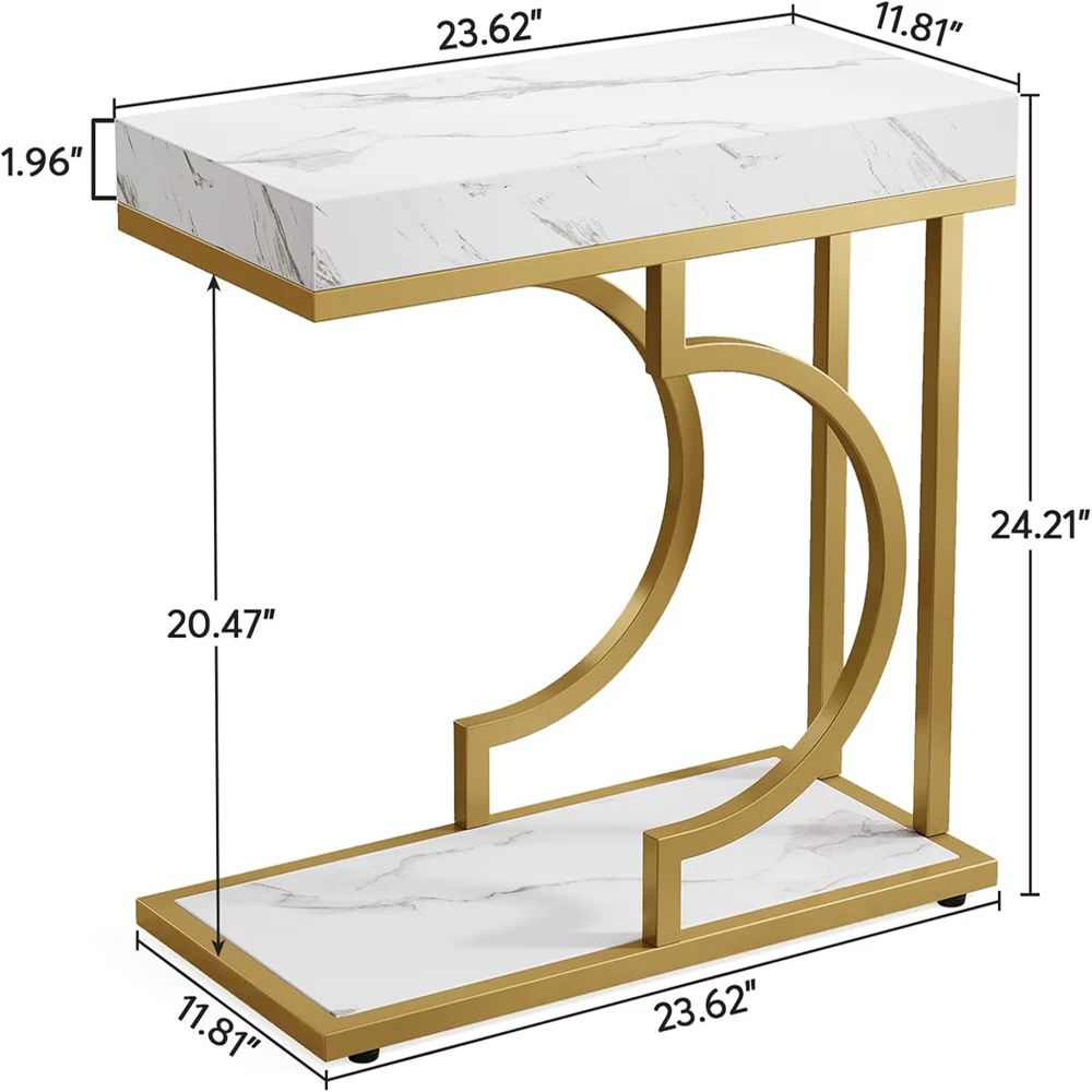 Narrow C-Shaped End Table with Metal Frame