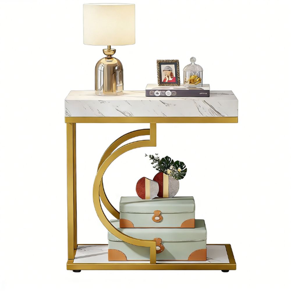 Narrow C-Shaped End Table with Metal Frame