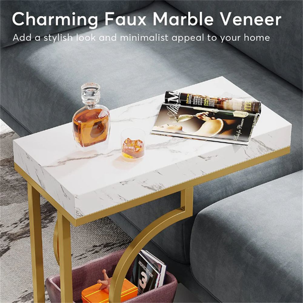 Narrow C-Shaped End Table with Metal Frame