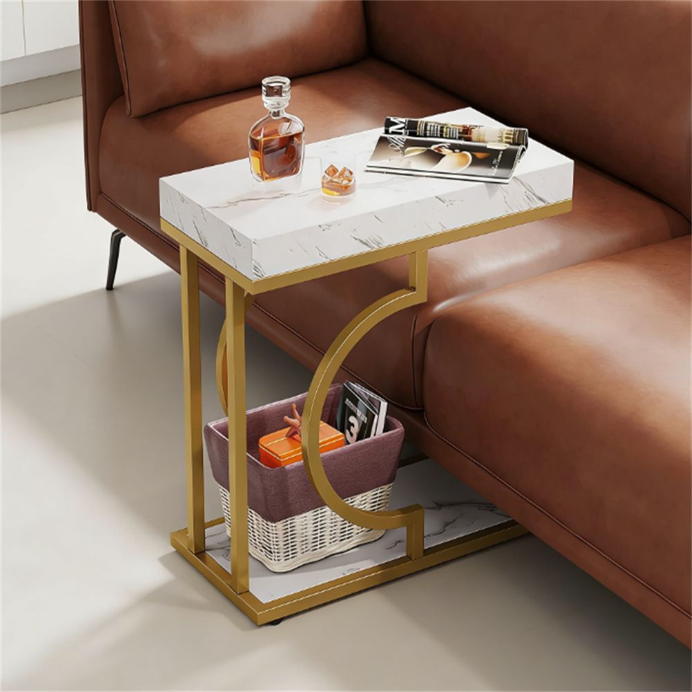 Narrow C-Shaped End Table with Metal Frame
