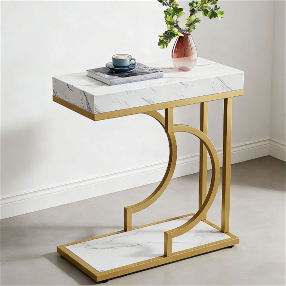 Narrow C-Shaped End Table with Metal Frame