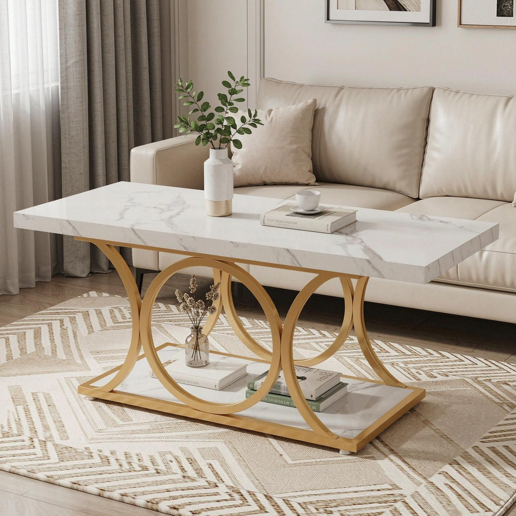 Faux Marble Coffee Table with Storage Shelf