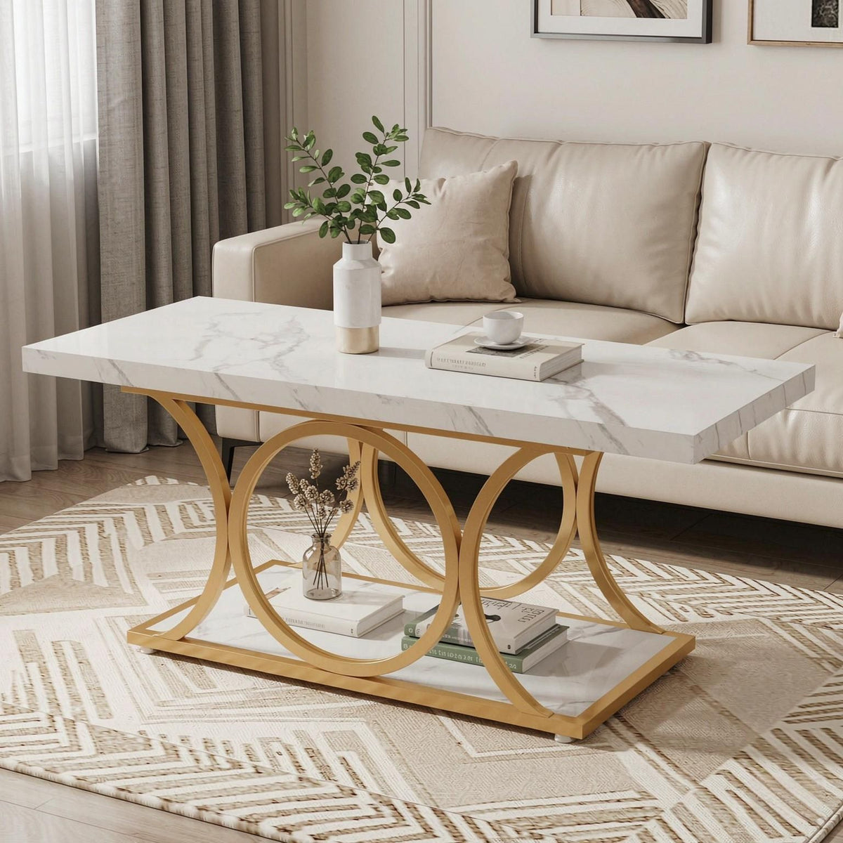 Faux Marble Coffee Table with Storage Shelf