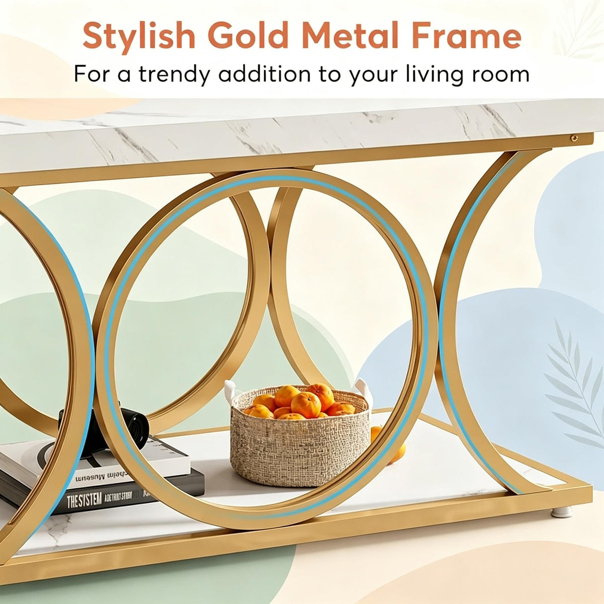 Faux Marble Coffee Table with Storage Shelf