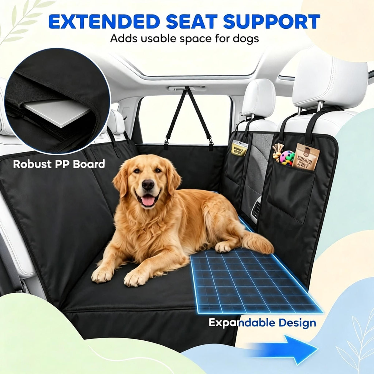 Waterproof Dog Car Seat Cover with Hard-Bottom Extender, 58"