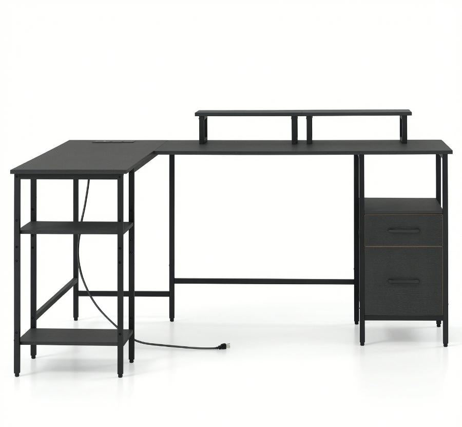 L-Shaped Desk with Power Outlet & Monitor Stand