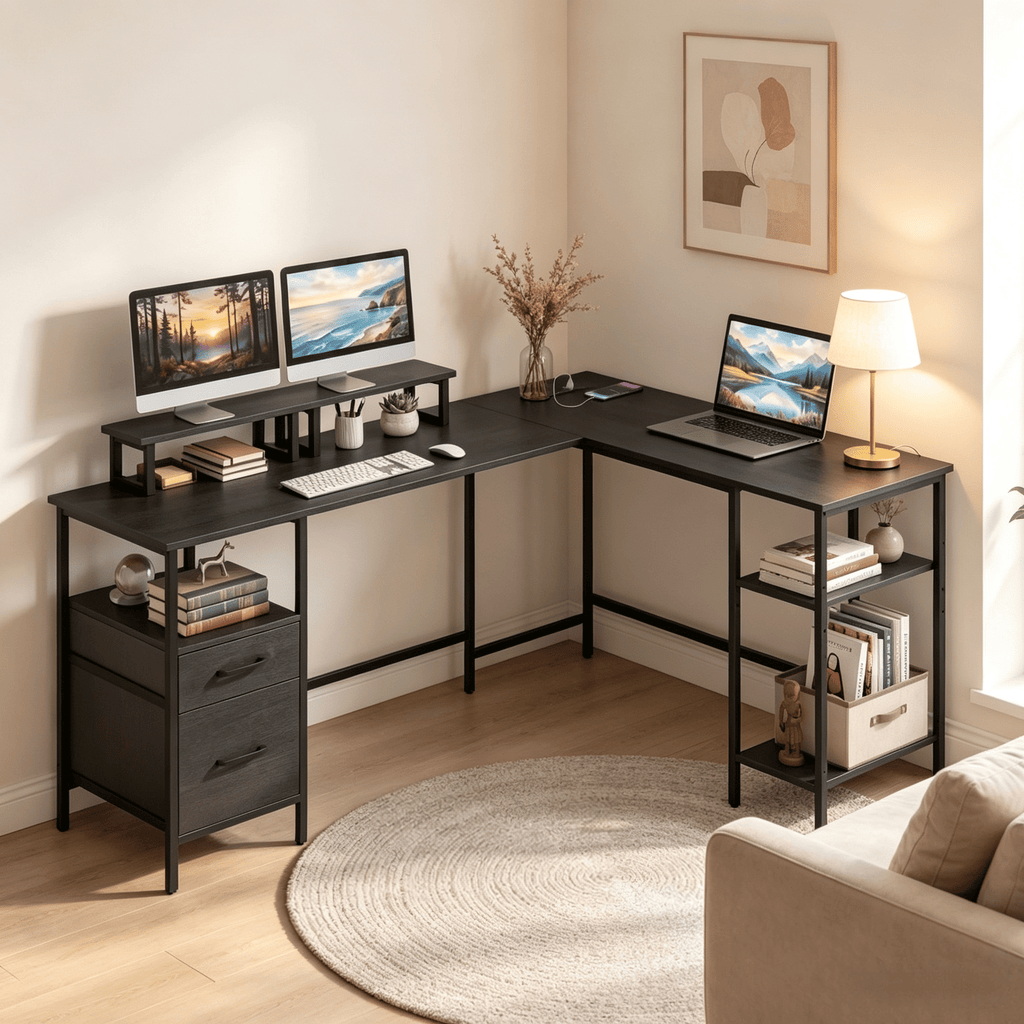 L-Shaped Desk with Power Outlet & Monitor Stand