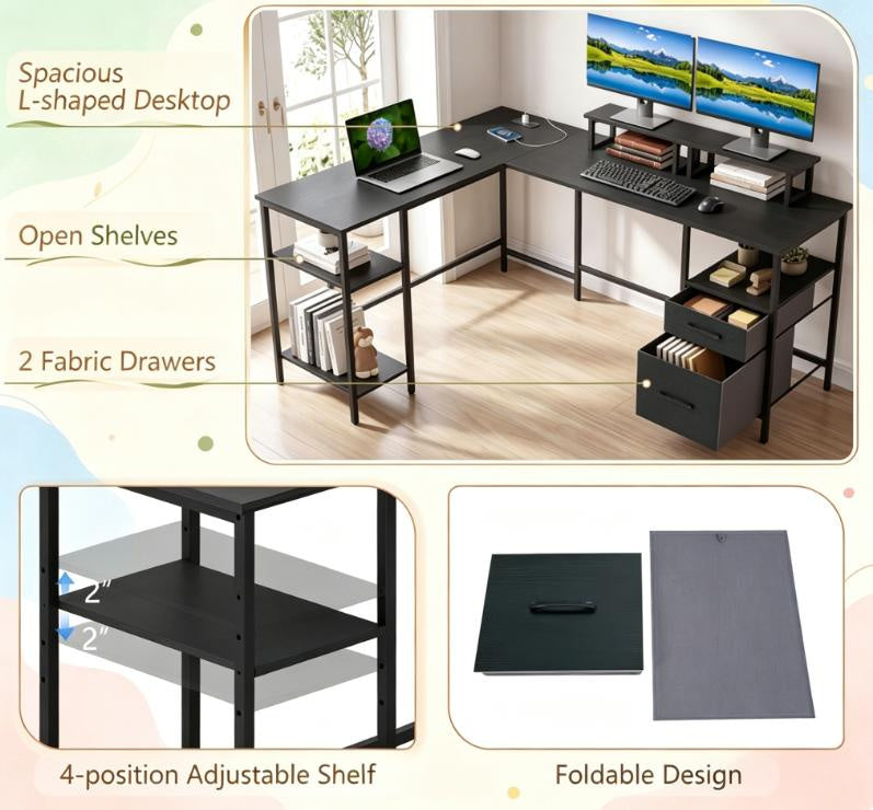 L-Shaped Desk with Power Outlet & Monitor Stand
