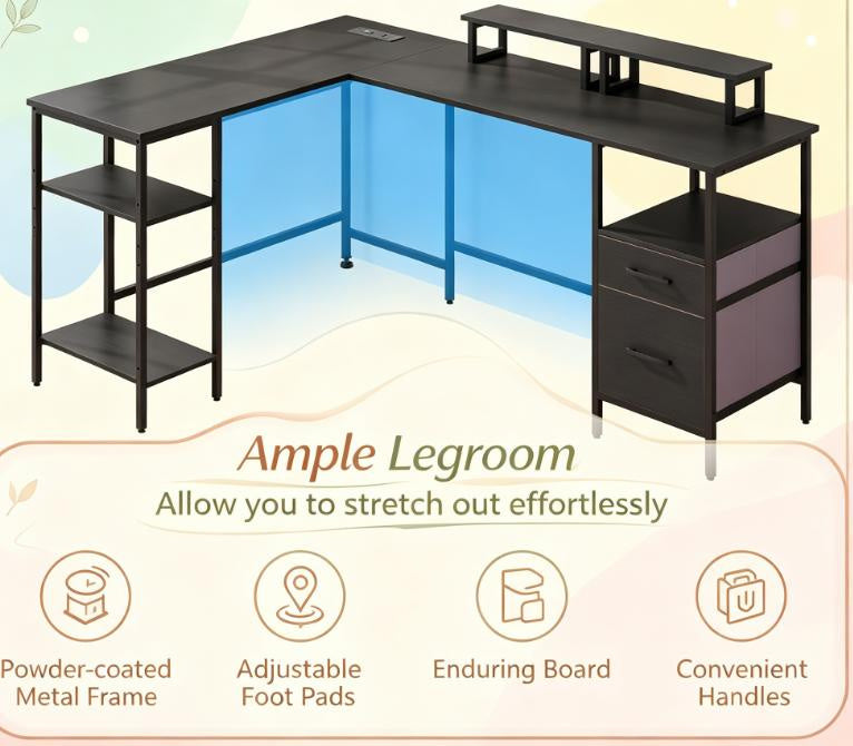 L-Shaped Desk with Power Outlet & Monitor Stand