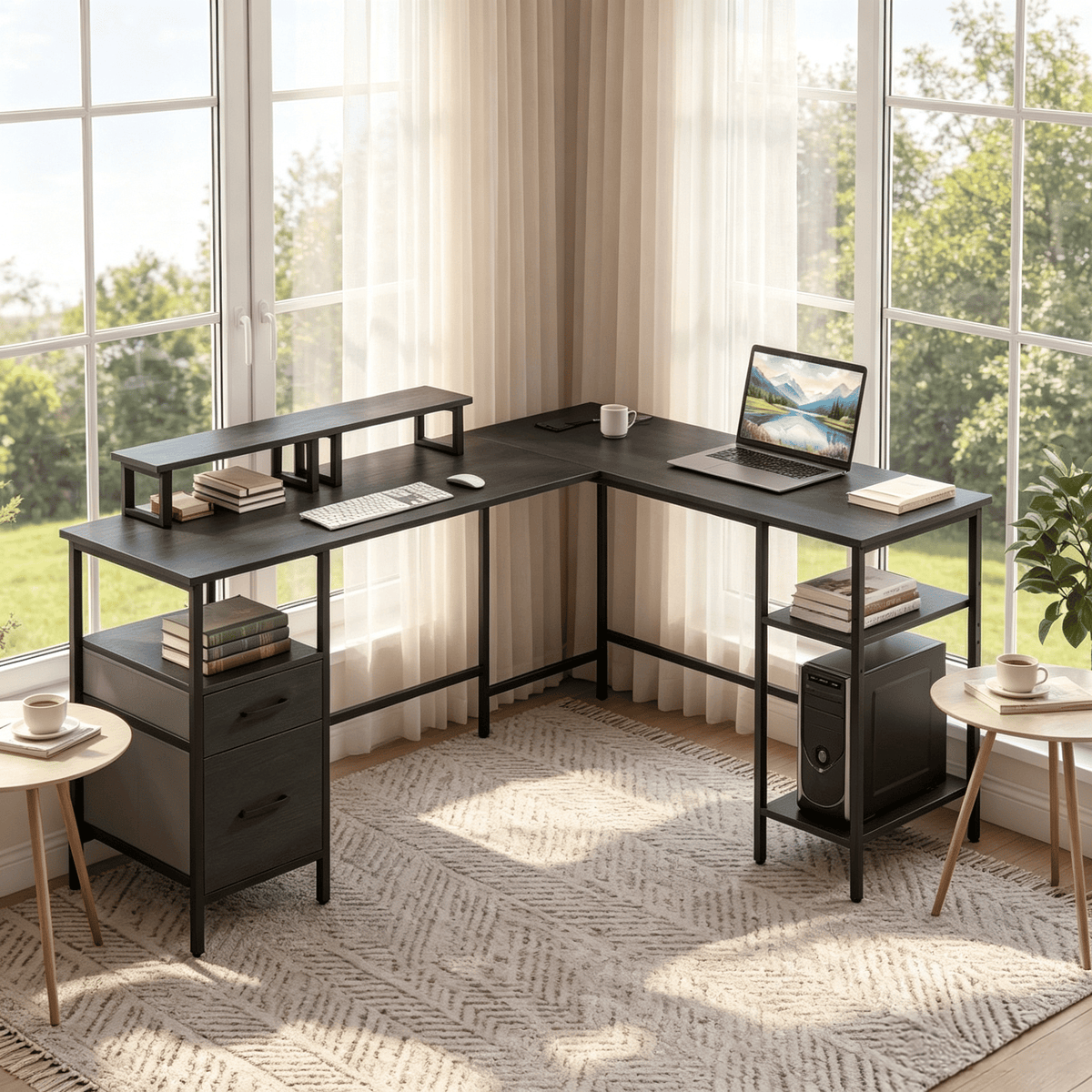 L-Shaped Desk with Power Outlet & Monitor Stand