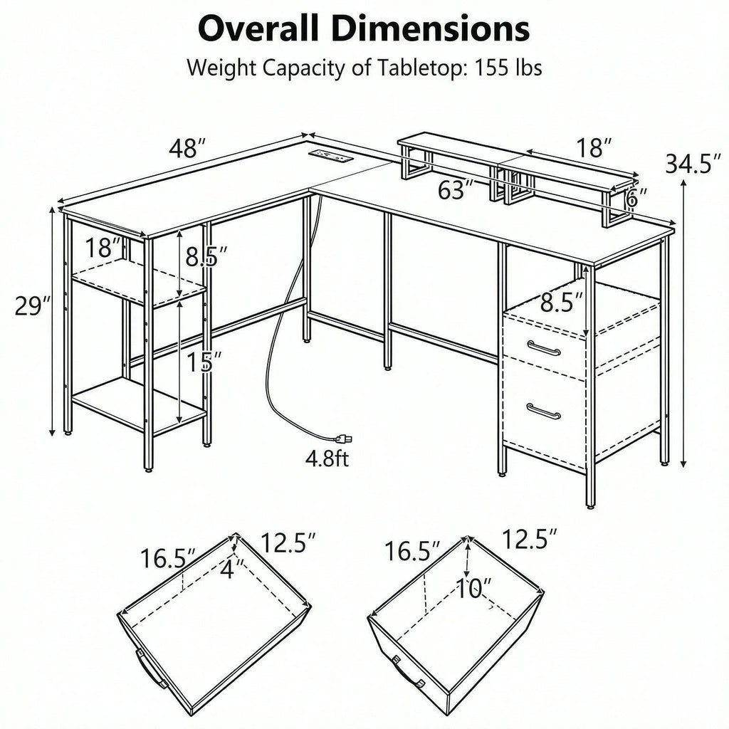 L-Shaped Desk with Power Outlet & Monitor Stand