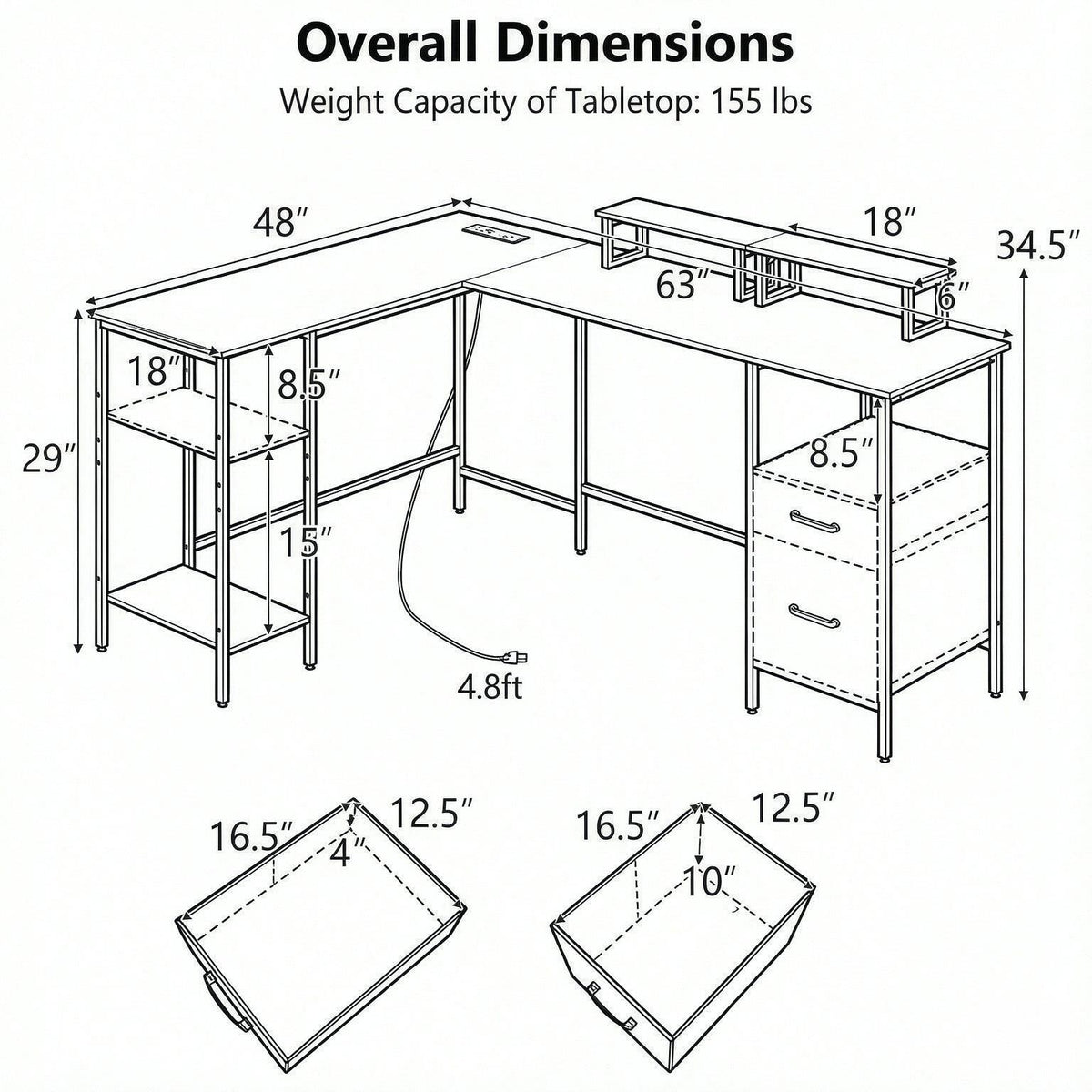 L-Shaped Desk with Power Outlet & Monitor Stand