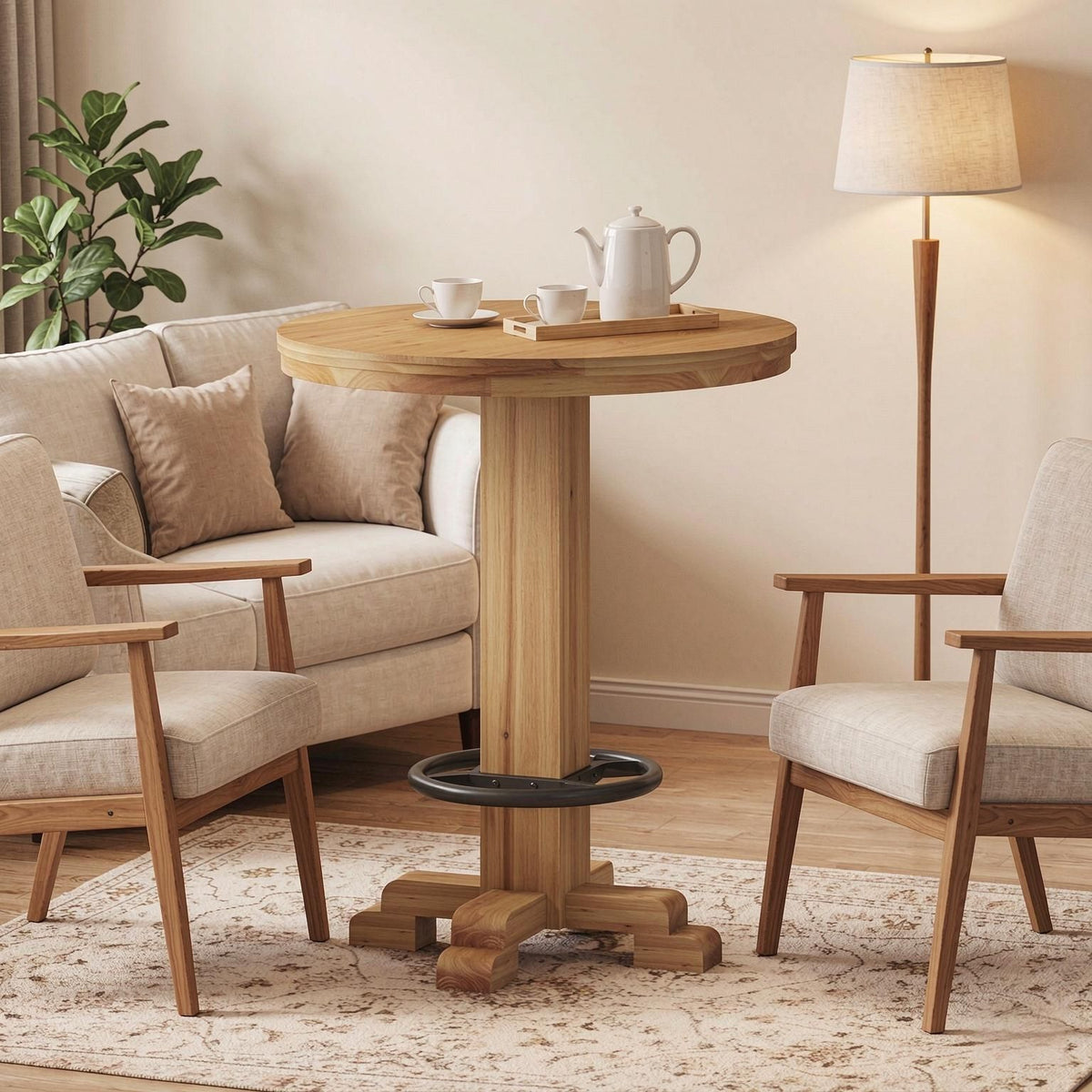 Round Wood Bar Table, 37.4" High with Footrest