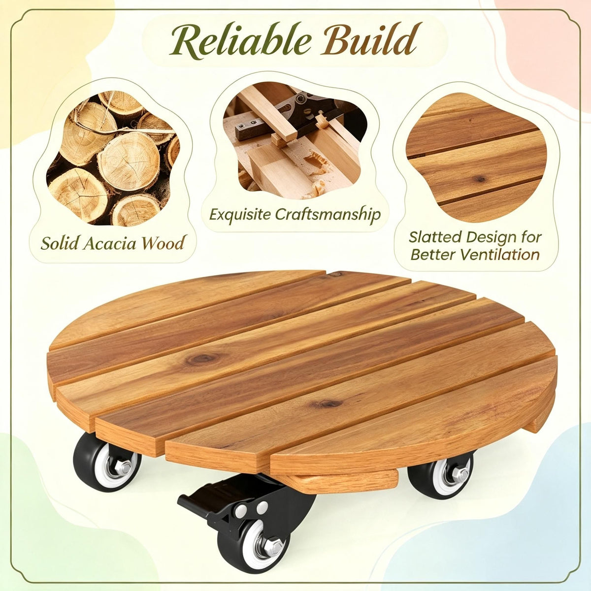 Acacia Wood Rolling Plant Stand with Lockable Casters