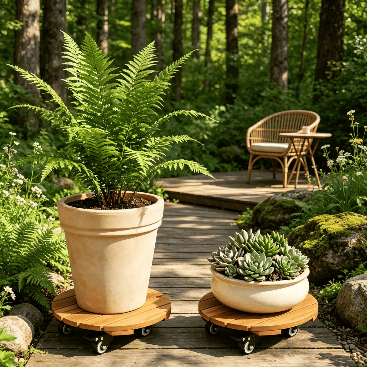 Acacia Wood Rolling Plant Stand with Lockable Casters