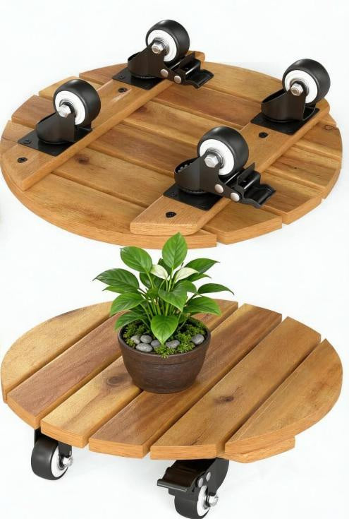 Acacia Wood Rolling Plant Stand with Lockable Casters
