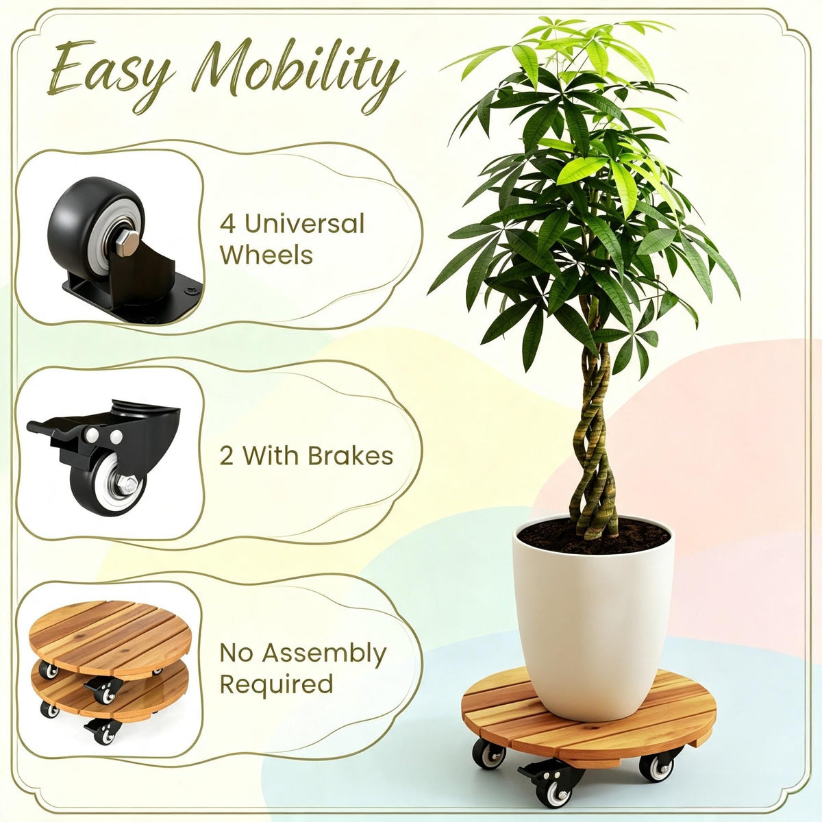 Acacia Wood Rolling Plant Stand with Lockable Casters