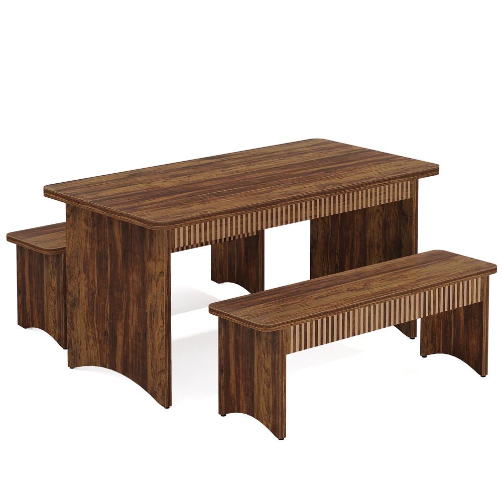 3-Piece Farmhouse Dining Table Set with 2 Benches