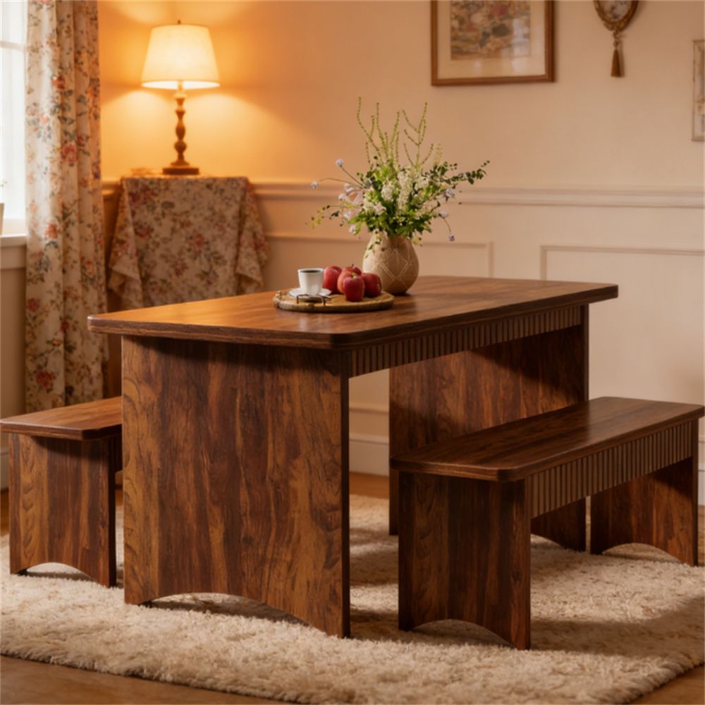 3-Piece Farmhouse Dining Table Set with 2 Benches