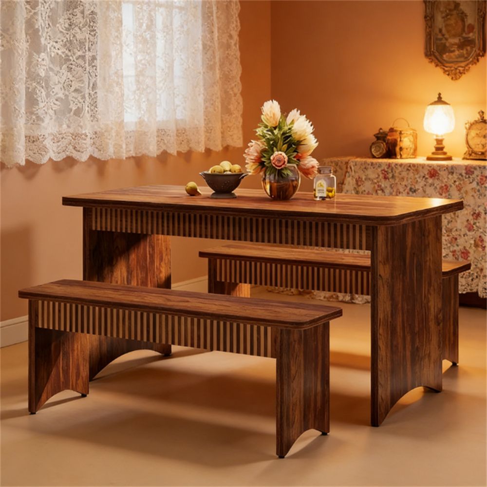 3-Piece Farmhouse Dining Table Set with 2 Benches