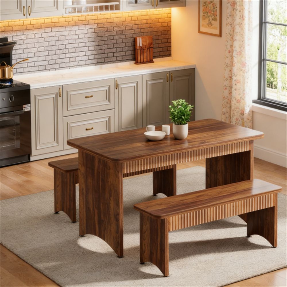 3-Piece Farmhouse Dining Table Set with 2 Benches